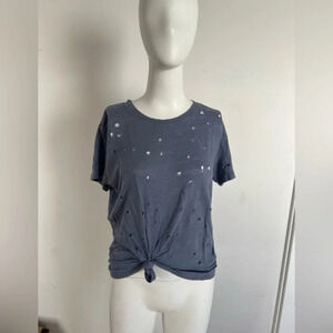 IRO Womens Short Sleeve Distressed Crew Neck Shirt Gray Size Small
